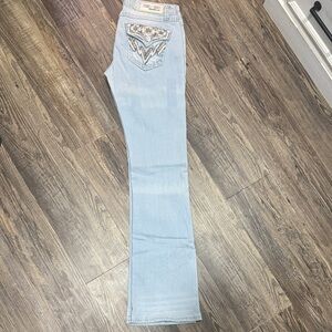 Grace in LA Sky Blue Boot Cut Jeans with Patterned Pockets